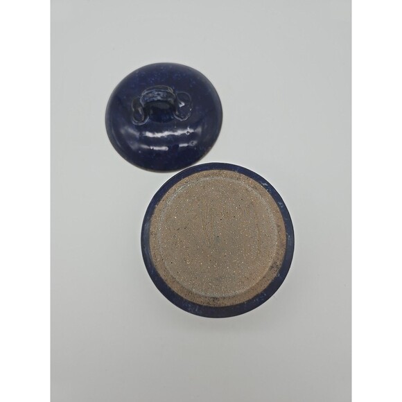 Vintage Stoneware Speckled Cobalt Blue Hand Made Sugar Bowl Signed by Artist - Picture 5 of 10